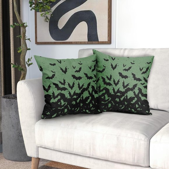 Set 2 Green Black Crow Pillow Covers 18" Square Pillows Crows Ravens Gothic New - Picture 12 of 12